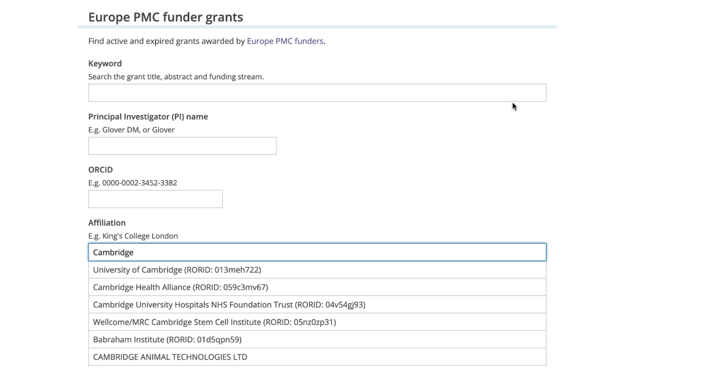 Screenshot of ROR affiliation picker in Europe PMC grant form.