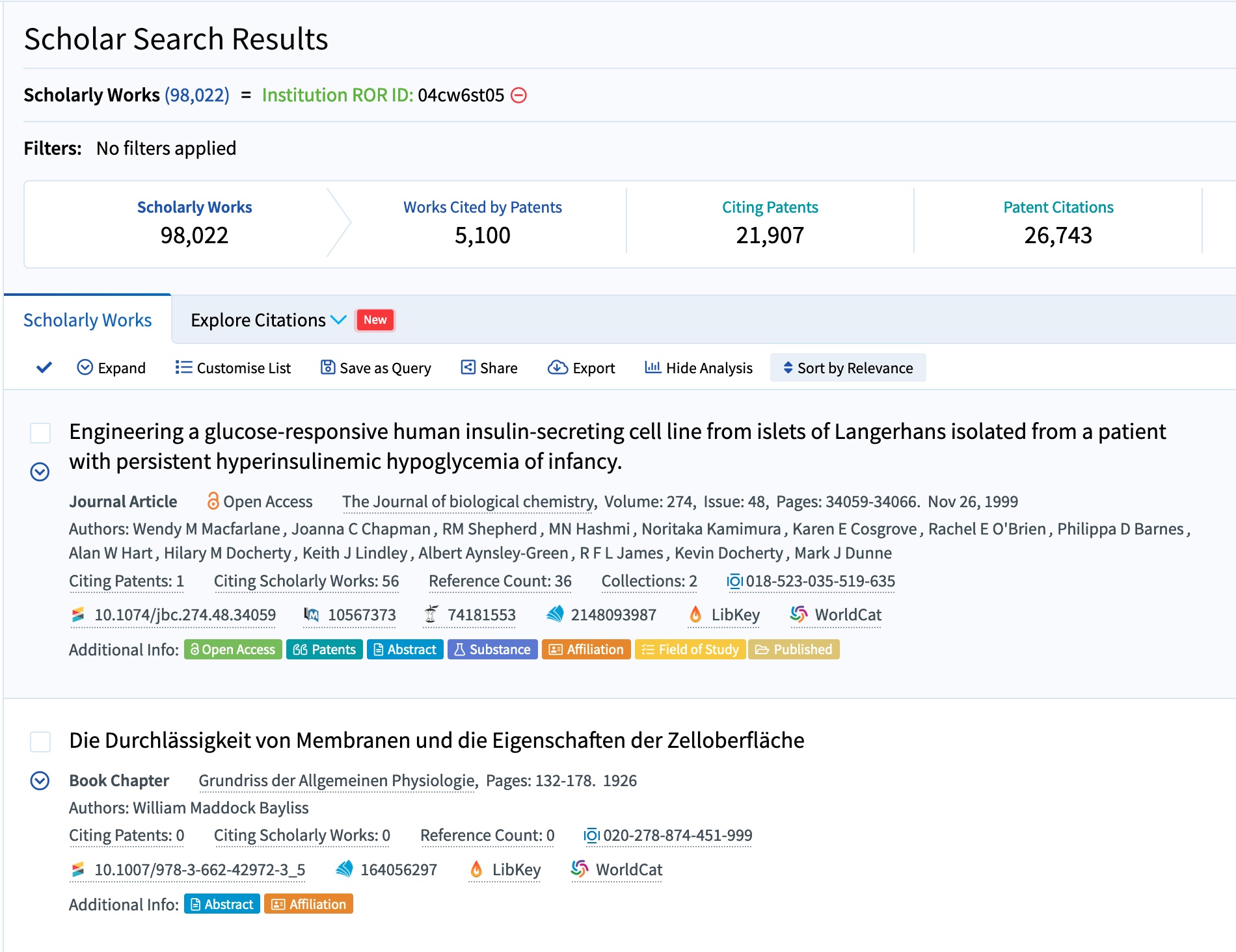 The Lens's structured search for scholarly works by ROR ID showing over 98,000 works associated with the University of London alone.