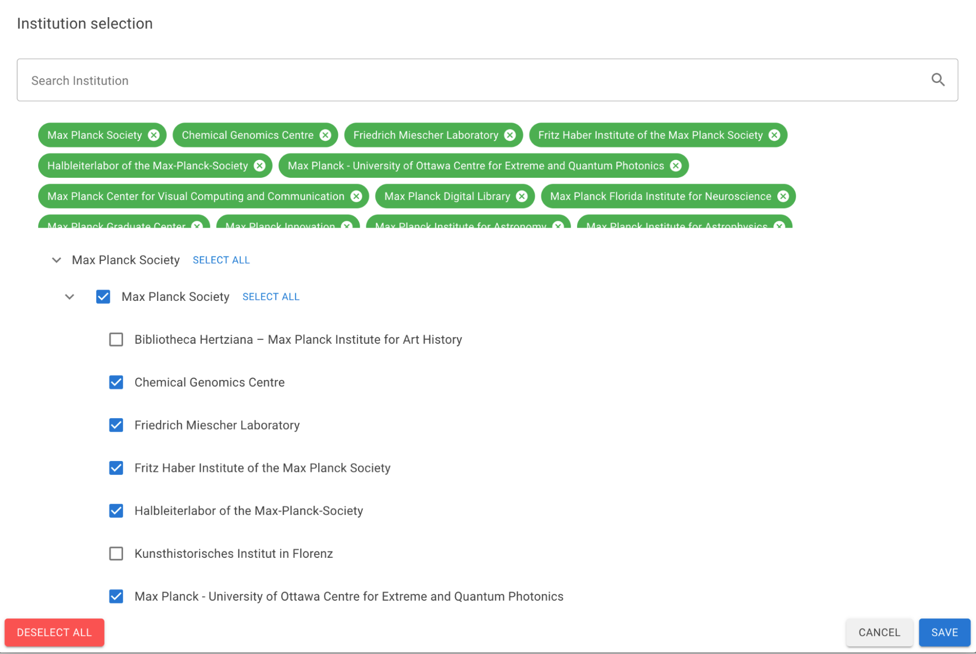 In Germany's ROR-powered Open Access Monitor, a user can select all, one, or any set of the child research organizations of the Max Planck Society.