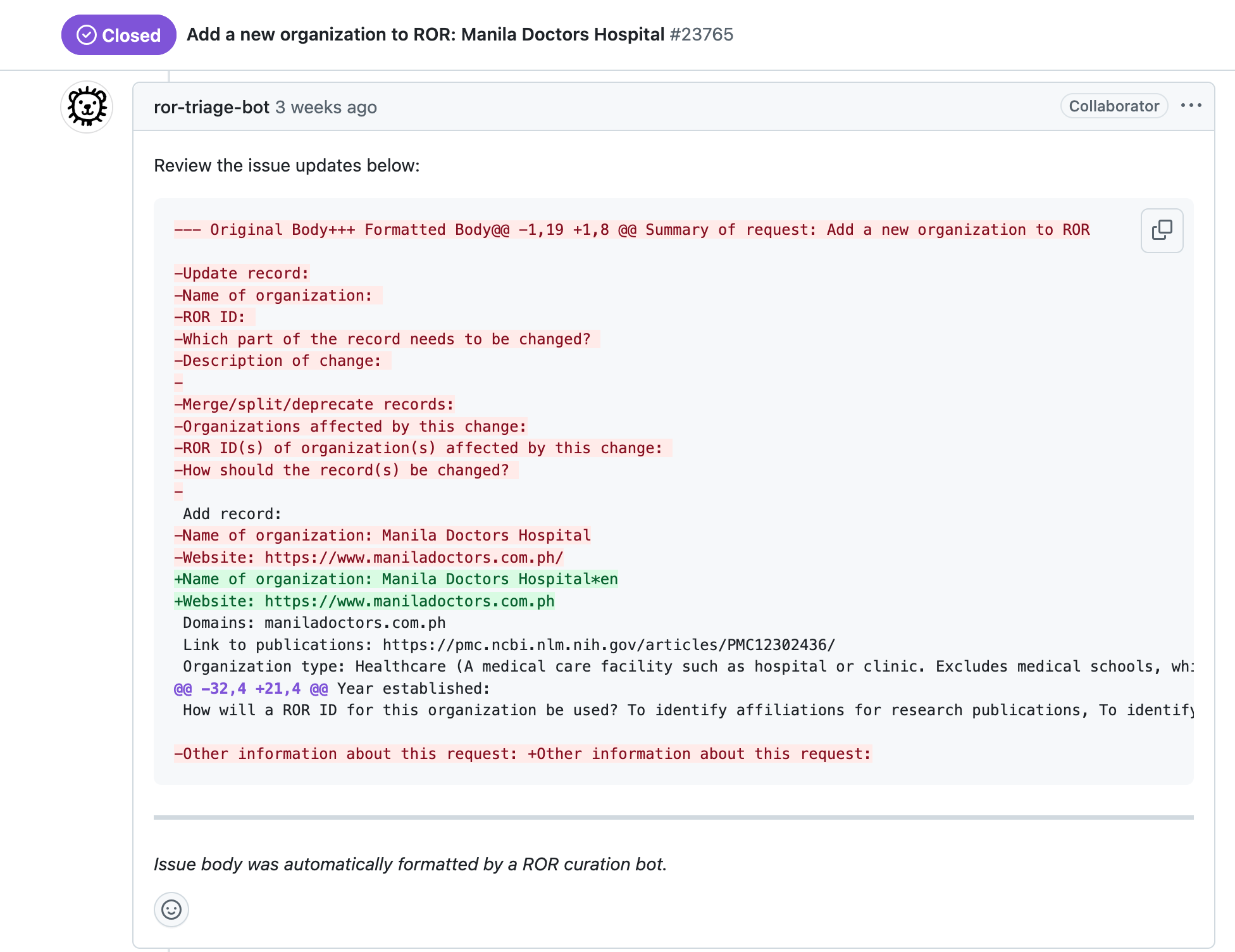 A ROR curation bot formats the data in a request to add Manila Doctors Hospital to ROR.