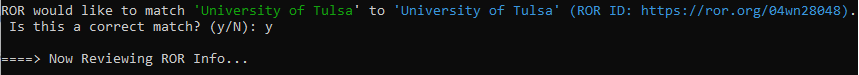 Confirming a match to a ROR ID in the DOI parser program