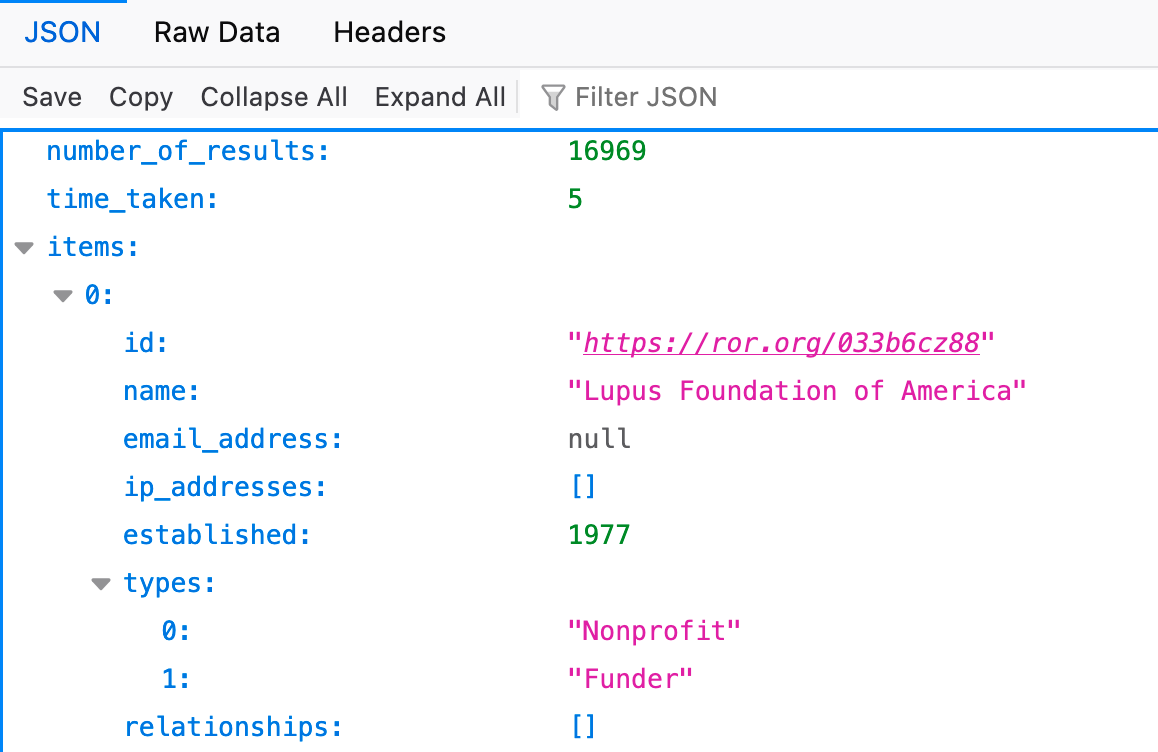 ROR API v1 response.