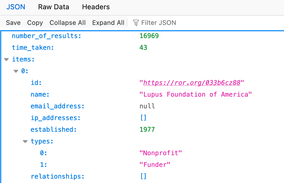 ROR API v1 response.